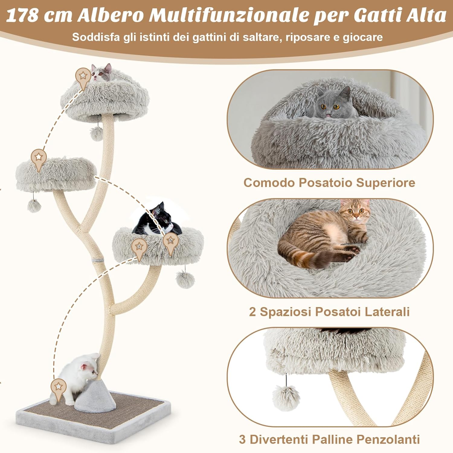 Albero per Gatti Alto 178 cm, Albero Tiragraffi per Gatti con Telaio di Supporto Curvo in Metallo, 3 Cucce Calde e Palline, Pali e Tavoletta Tiragraffi in Sisal, 59 x 59 x 178 cm (Grigio)