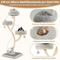 Albero per Gatti Alto 178 cm, Albero Tiragraffi per Gatti con Telaio di Supporto Curvo in Metallo, 3 Cucce Calde e Palline, Pali e Tavoletta Tiragraffi in Sisal, 59 x 59 x 178 cm (Grigio)