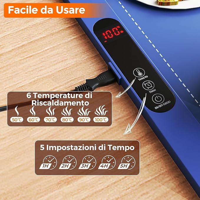 Tappetino Riscaldante per Alimenti, Scaldavivande Elettrico Arrotolabile in Silicone, con Tempo e Temperature Regolabili, Cinturino Autobloccante, per Scongelamento (60 x 38cm,Blu)
