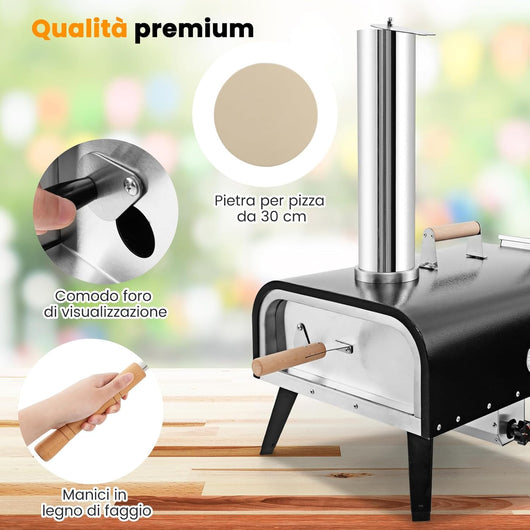 Forno per Pizza Portatile, Forno da Esterno con Pietra per Pizza Rotante a 360°, in Acciaio Inossidabile a 3 Strati con Termometro e Borsa da Trasporto, Nero e Argento
