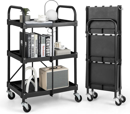 Carrello Pighevole a 3 Livelli, Carrello Multiuso con 4 Ruote, Organizzatore di Stoccaggio per Ufficio Cucina Studio, 61x44x96 cm, Nero