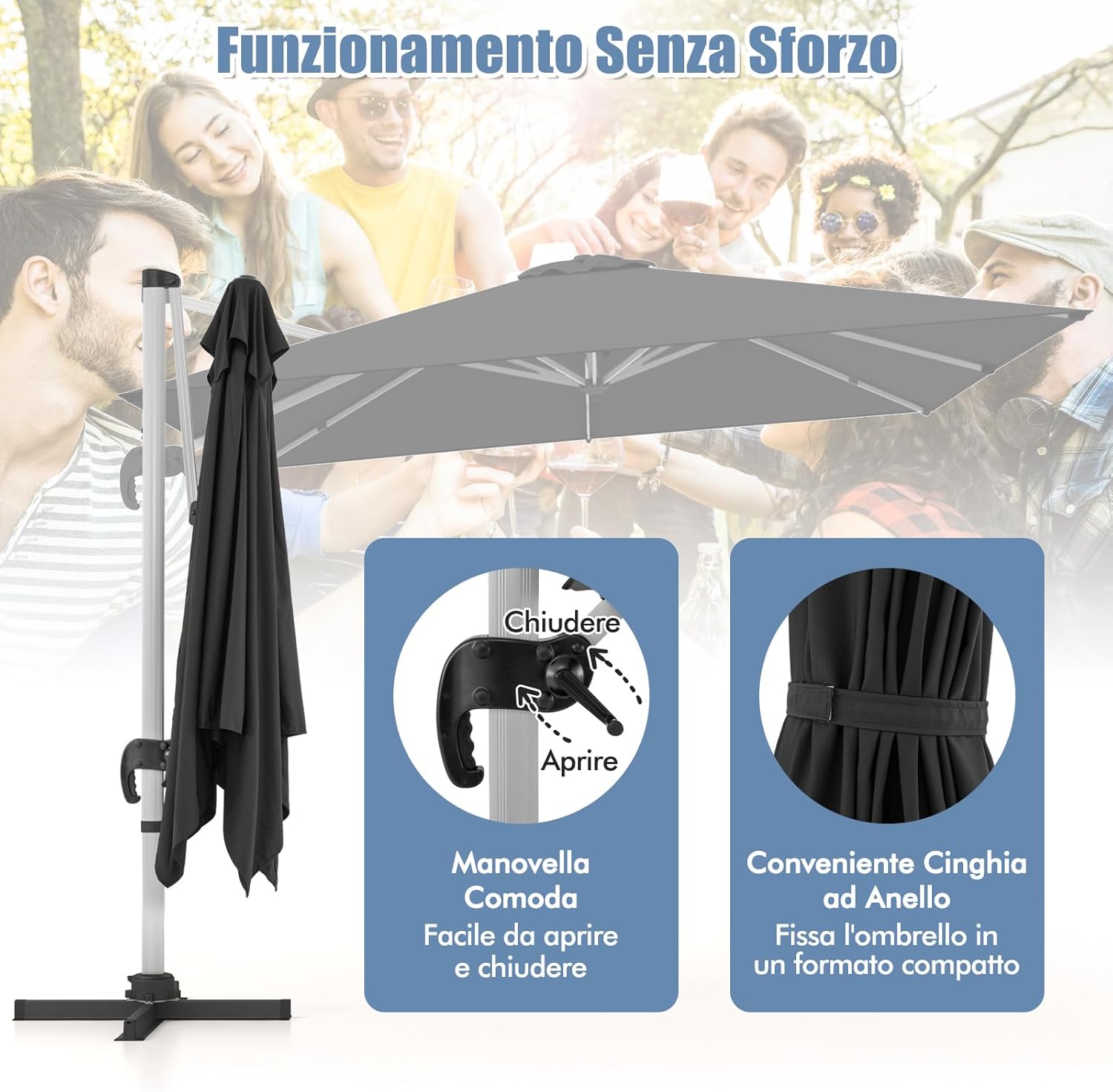 Ombrellone da Giardino, con Base Incrociata, Ombrellone Quadrato da Esterno con Palo in Alluminio e Girevole a 360°, Manovella e Inclinazione Regolabile, 300 x 300 cm (Nero)