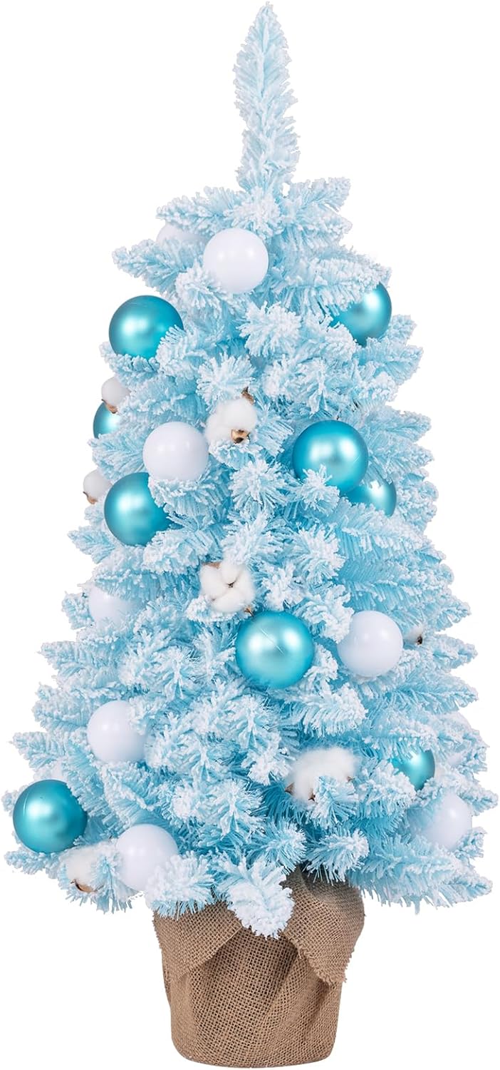 Albero di Natale Artificiale Mini 90 cm, Albero di Natale Innevato da Tavolo con 12 Palline di Cotone Naturale, 24 Palline Decorative e Rami Imbiancati, Decorazione per Feste (Celeste)