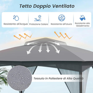 Gazebo da Giardino 3 x 3,6 m, Gazebo con Zanzariera a Doppia Copertura con Sacchetti di Sabbia e Picchetti a Terra, Tenda Impermeabile con Struttura in Metallo per Prato (Grigio)