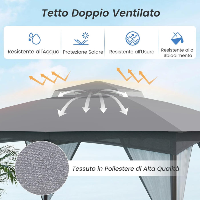 Gazebo da Giardino 3 x 3,6 m, Gazebo con Zanzariera a Doppia Copertura con Sacchetti di Sabbia e Picchetti a Terra, Tenda Impermeabile con Struttura in Metallo per Prato (Grigio)
