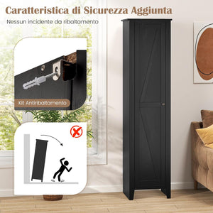 Mobile Bagno 43 x 39,5 x 183 cm, Colonna Bagno con Ante e 4 Ripiani, Armadietto Salvaspazio Alto a Colonna in MDF, per Soggiorno, Cucina e Ufficio (Nero)