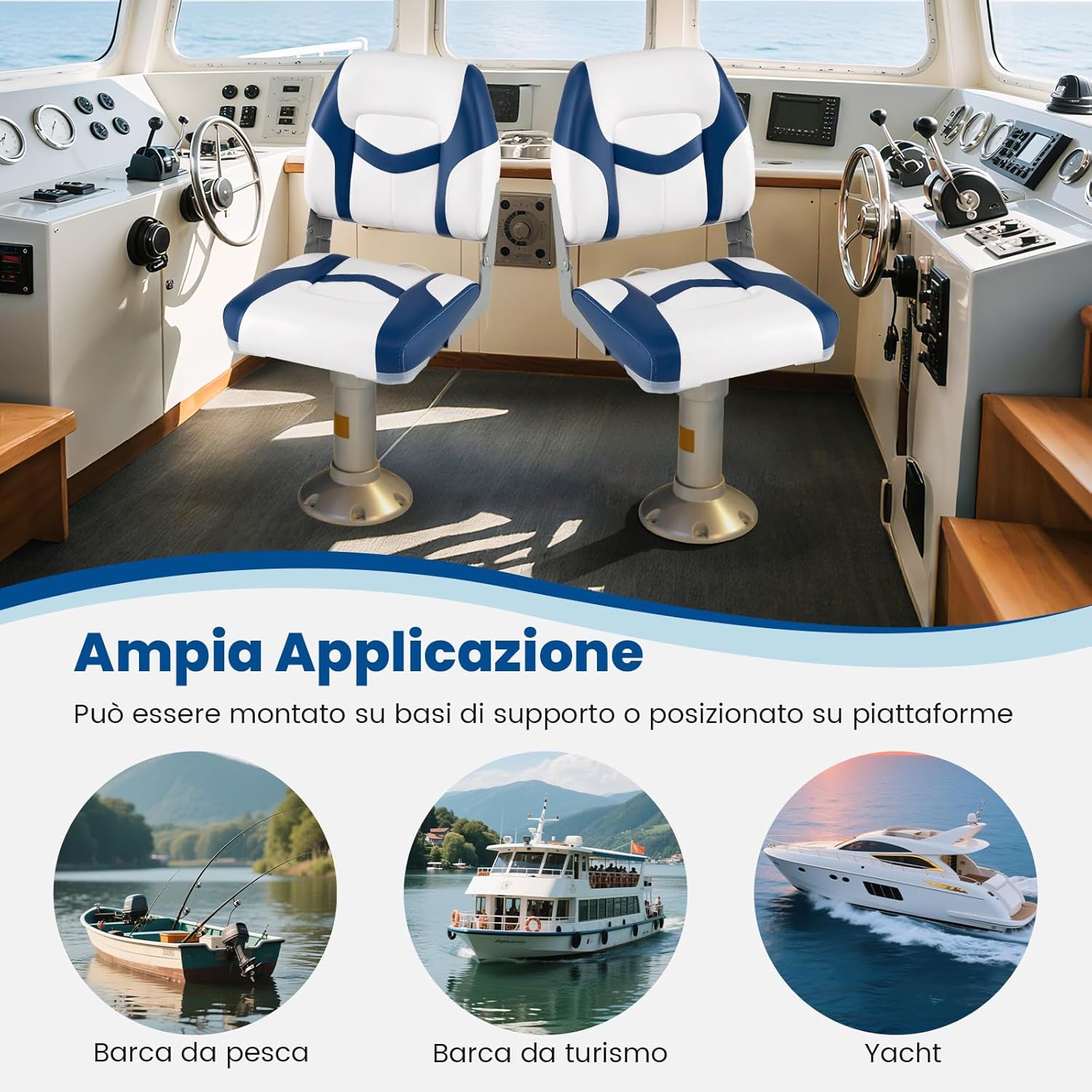 Set di 2 Sedie da Barca, Sedili Alti da Barca Pieghevole Morbide Imbottite Spesse, Sedile Nautica Ergonomico per Imbarcazioni da Pesca, 42 x 49 x 51 cm, Blu e Bianco