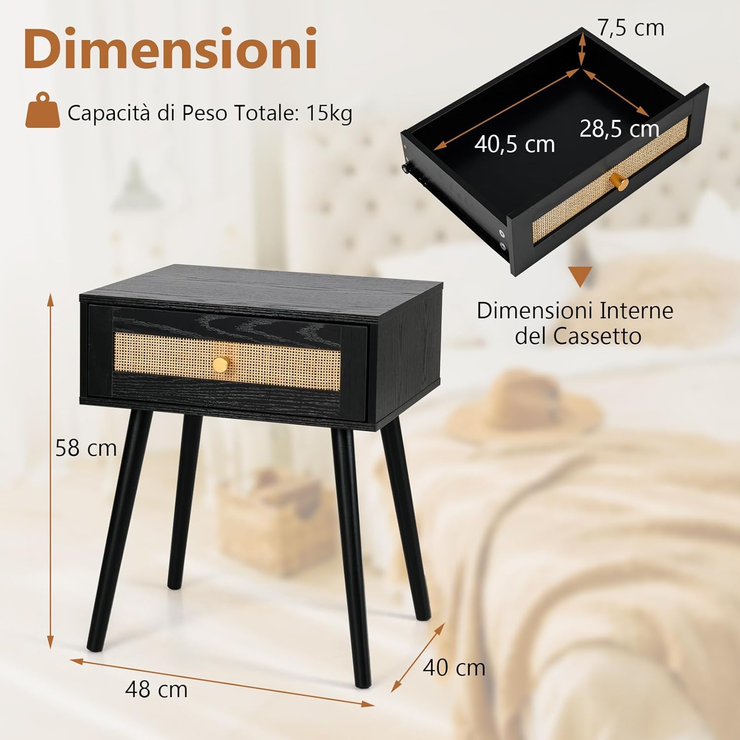Comodino in Rattan 48 x 40 x 58 cm, Armadietto con Cassetto e Gambe in Legno Massello, Tavolino in Stile Boemia per Camera da Letto, Soggiorno e Salotto, Naturale