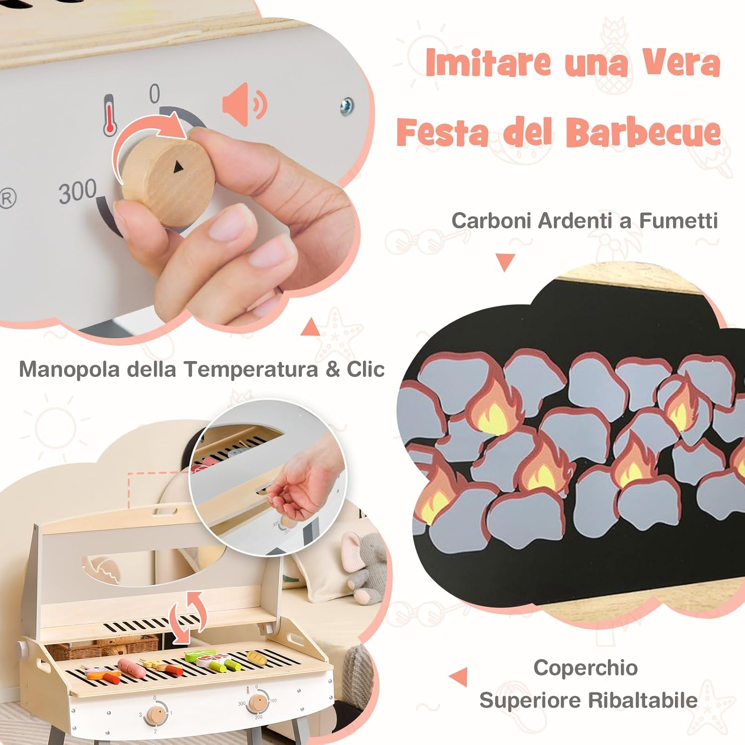 Set di Gioco Barbecue per Bambini, Giocatollo di Barbecue per Bambini con Accessori, Set da Cucina di Barbecue Realistico in Legno, per Ragazzi 3+ Anni