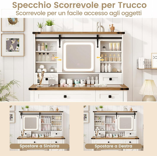 Toeletta da Trucco con Luci LED a 3 Colori Luminosit¨¤ Regolabile, Tavolo da Trucco con Specchio Scorrevole e Piano di Vetro, Postazione Trucco con 4 Cassetti e Armadietto, Bianco