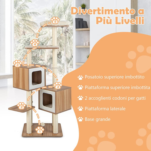 Tiragraffi per Gatti di Legno 163 cm, con Tiragraffi in Sisal, Cuscini Lavabili, Trespolo, 3 Palline e 2 Cuccia, Albero Tiragraffi per Gatti di Piccole e Grandi Dimensioni