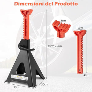 Set di 2 Cavalletti per Auto 12 T, Coppia di Cavalletti di Sostegno con Blocco della Maniglia e Altezza Regolabile 48-75 cm, Cavalletti per Cric per SUV, Berlina, Pickup e UTV