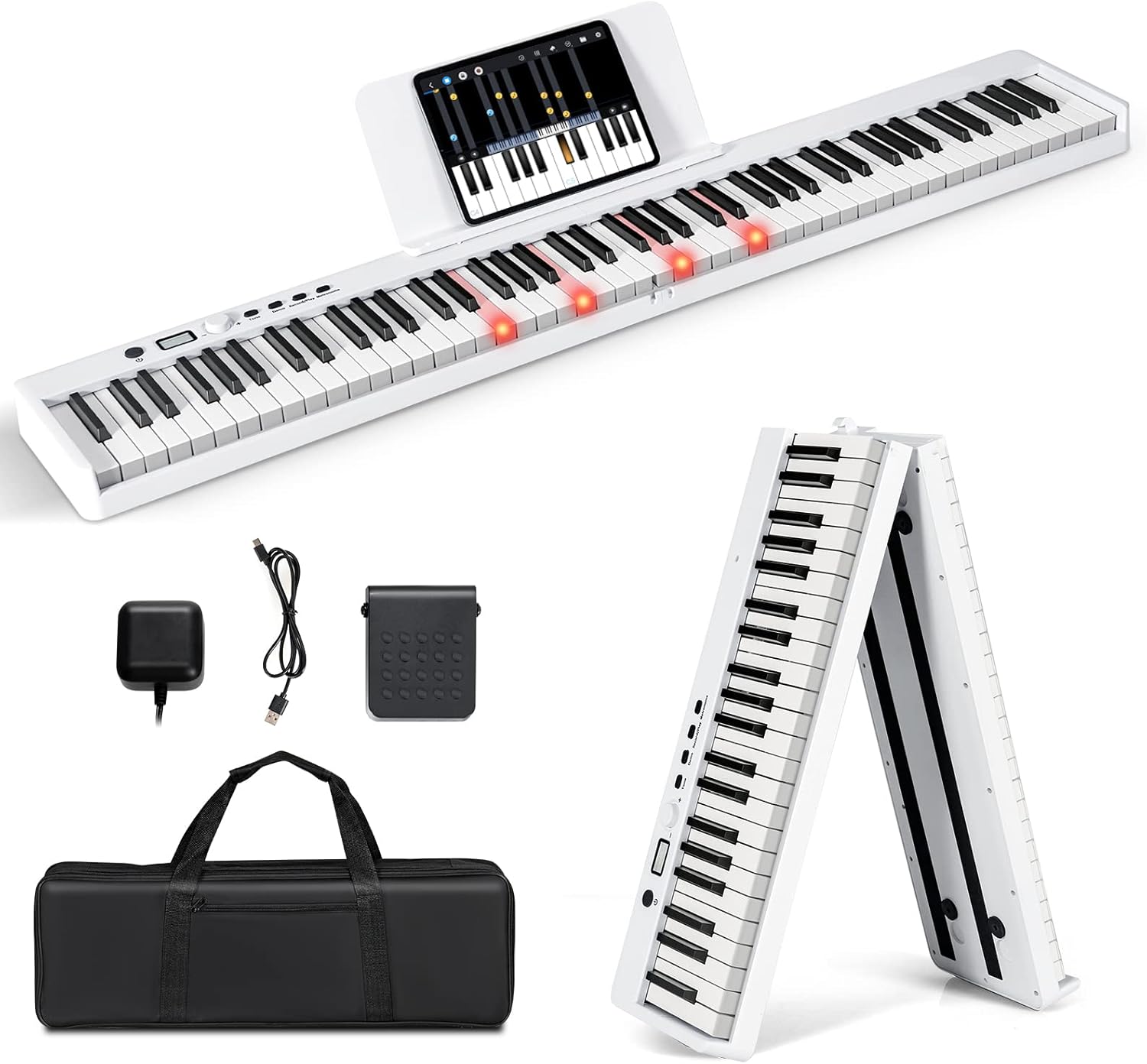 Tastiera Elettronica 88 Tasti Semi-Pesati Illuminati, Pianoforte Digitale Pieghevole Portatile con Custodia, Sustain Pedali, Modalità di Insegnamento, MP3/USB/MIDI/Bluetooth (Bianco)