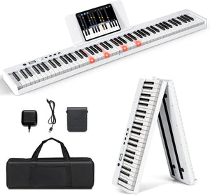 Tastiera Elettronica 88 Tasti Semi-Pesati Illuminati, Pianoforte Digitale Pieghevole Portatile con Custodia, Sustain Pedali, Modalità di Insegnamento, MP3/USB/MIDI/Bluetooth (Bianco)