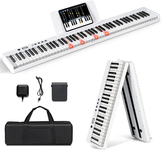 Tastiera Elettronica 88 Tasti Semi-Pesati Illuminati, Pianoforte Digitale Pieghevole Portatile con Custodia, Sustain Pedali, Modalità di Insegnamento, MP3/USB/MIDI/Bluetooth (Bianco)