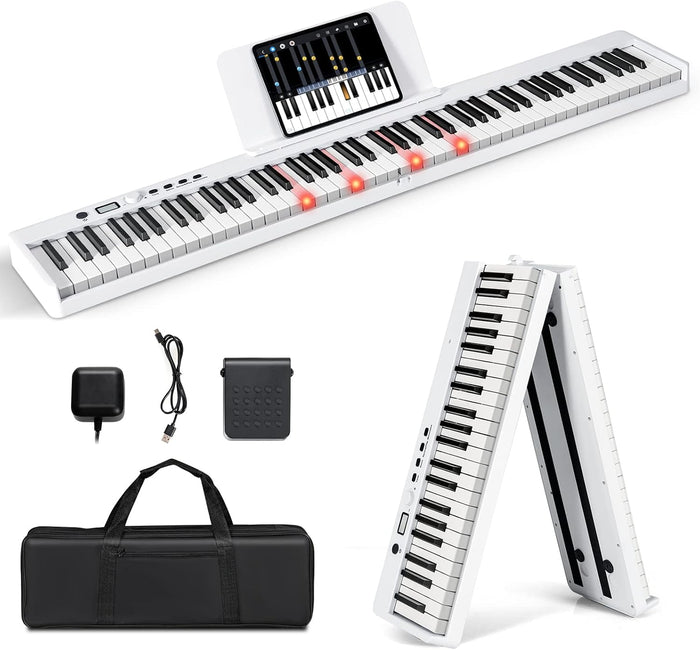 Tastiera Elettronica 88 Tasti Semi-Pesati Illuminati, Pianoforte Digitale Pieghevole Portatile con Custodia, Sustain Pedali, Modalità di Insegnamento, MP3/USB/MIDI/Bluetooth (Bianco)