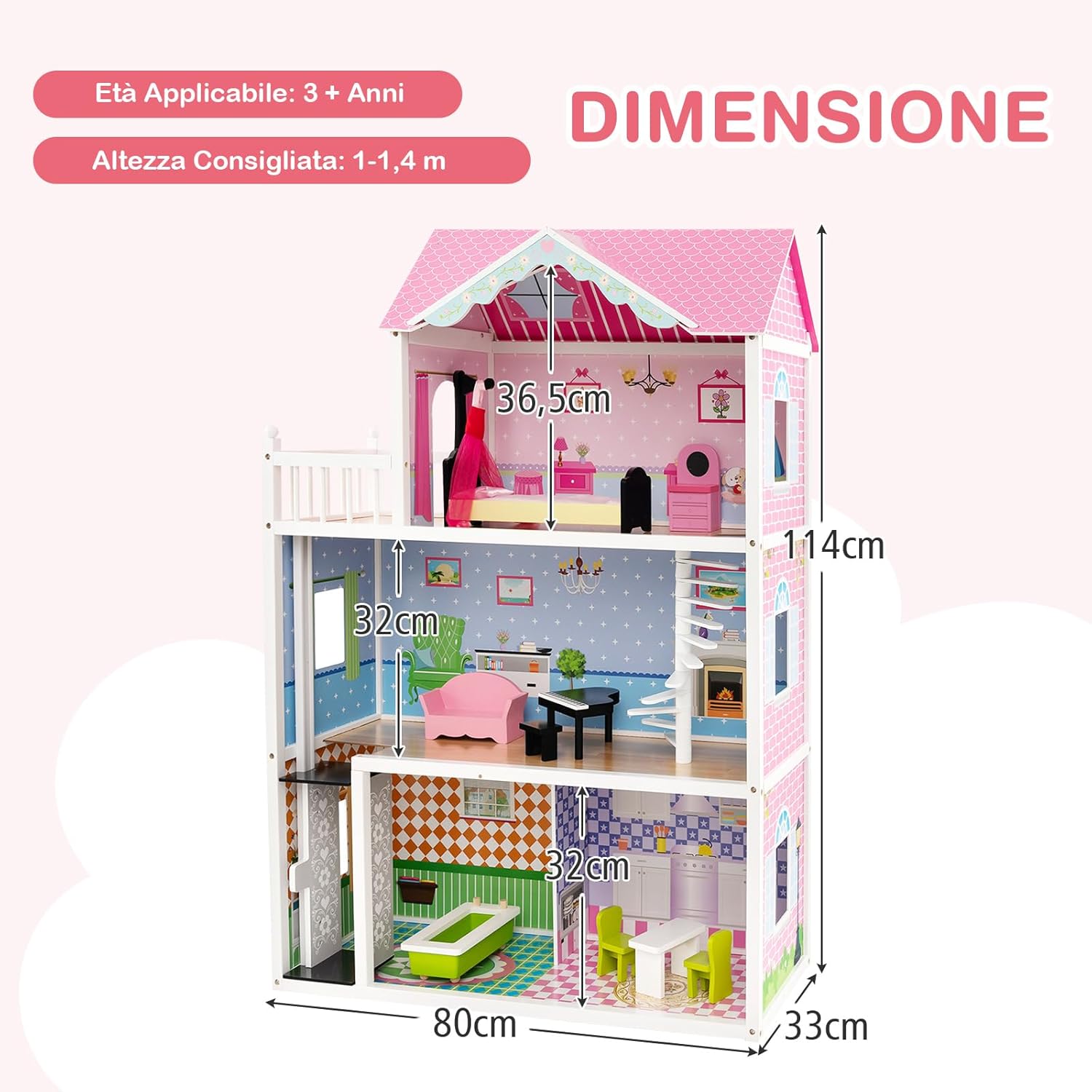 Casa delle Bambole in Legno, con Ascensore Funzionante, Scala Girevole, Stanze Simulate e Ricchi Accessori di Arredamento, Regalo per Bambini di 3+ Anni