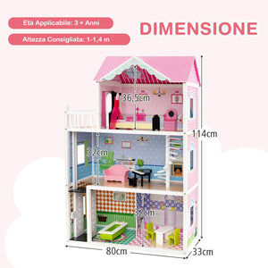 Casa delle Bambole in Legno, con Ascensore Funzionante, Scala Girevole, Stanze Simulate e Ricchi Accessori di Arredamento, Regalo per Bambini di 3+ Anni