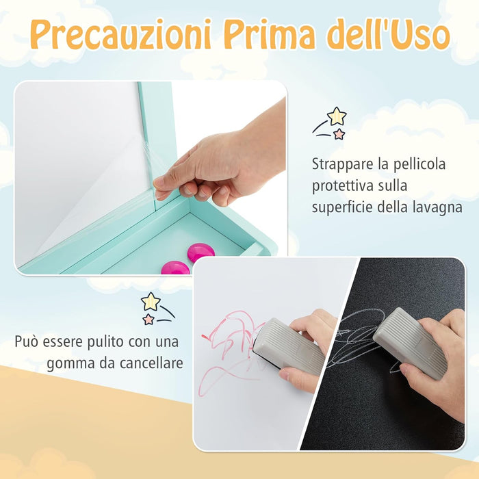 3 in 1 Cavalletto per Bambini con Doppia Faccia, Cavalletto per Disegno con 2 Vassoi e 2 Scatole, Lavagna Bambini in Legno (Verde)