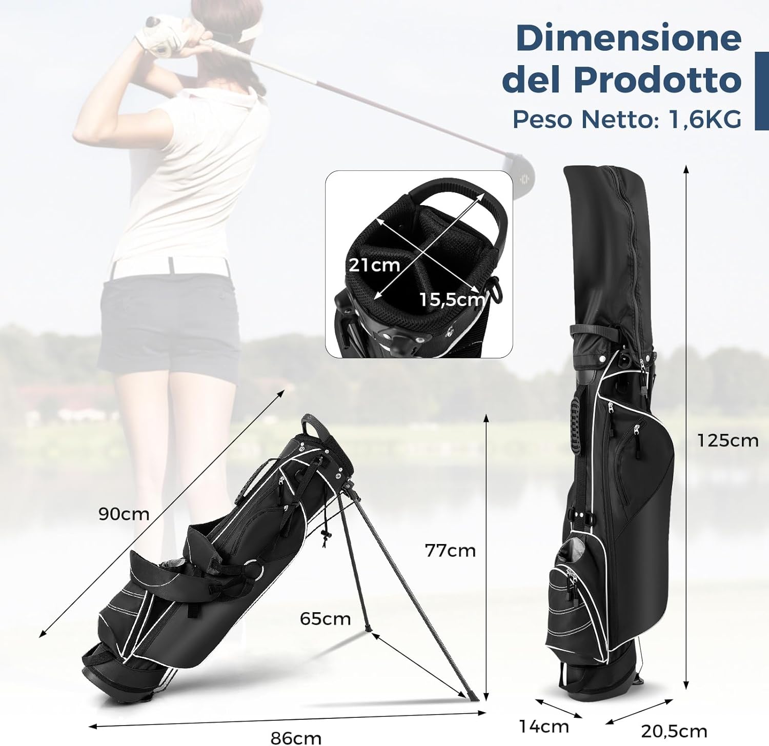 Sacca da Golf con Supporto, Borsa da Golf a 4 Scomparti con 4 Tasche con Cerniera, Borsa Frigo, Tracolla Doppia, Cappuccio Antipioggia, Supporto per Ombrellone