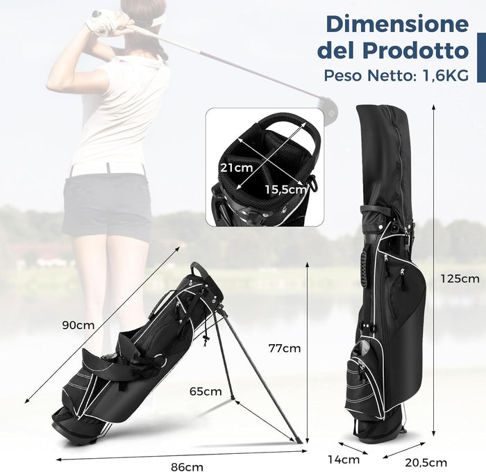 Sacca da Golf con Supporto, Borsa da Golf a 4 Scomparti con 4 Tasche con Cerniera, Borsa Frigo, Tracolla Doppia, Cappuccio Antipioggia, Supporto per Ombrellone