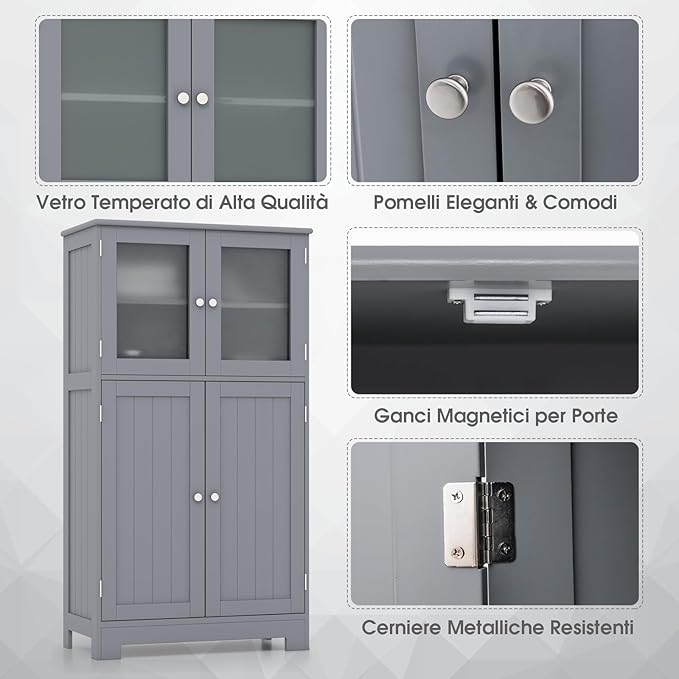Armadietto del Bagno con 4 Ante, Armadietto con Ante di Vetro, Credenza di Legno con Mensole Regolabili, Organizer Multiuso per Casa Corridoio Salone Ufficio (Grigio)