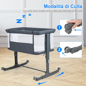 3 in 1 Culla Neonato Fianco Letto, Lettino Neonato Dondolo con Materasso, Culla Co-Sleeping Fino a 9 kg, Altezza Regolabili, Inclinazione di 10°, 84 x 59,5 x 80,5cm (Grigio Scuro)