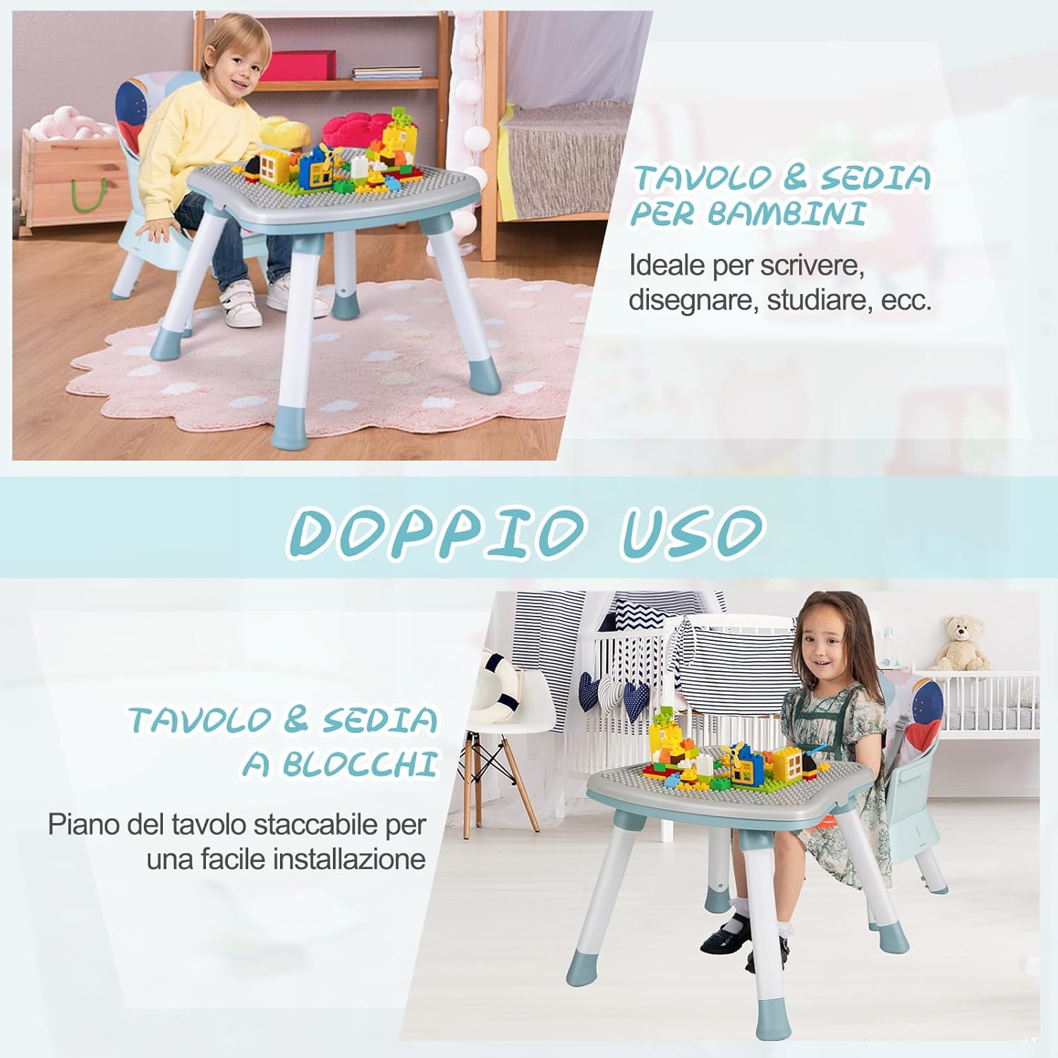 Seggiolone Pappa per Bambini 6 in 1, Seggiolone per Neonati Convertibile, Tavolo per Costruzioni per Bambini, con Imbracatura a 5 Punti, per Bambini da 6 Mesi fino 3 Anni (Colorato)