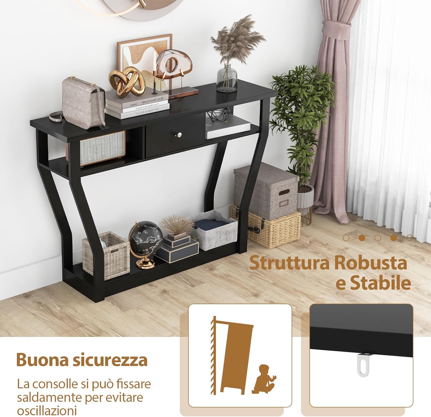 Tavolo Consolle in Legno, Consolle con Cassetto e Ripiani, Tavolo d'Ingresso Multiuso per Salotto, Corridoio e Entrata 120 x 30 x 81 cm (Nero)