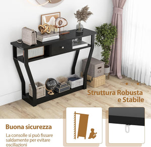Tavolo Consolle in Legno, Consolle con Cassetto e Ripiani, Tavolo d'Ingresso Multiuso per Salotto, Corridoio e Entrata 120 x 30 x 81 cm (Nero)