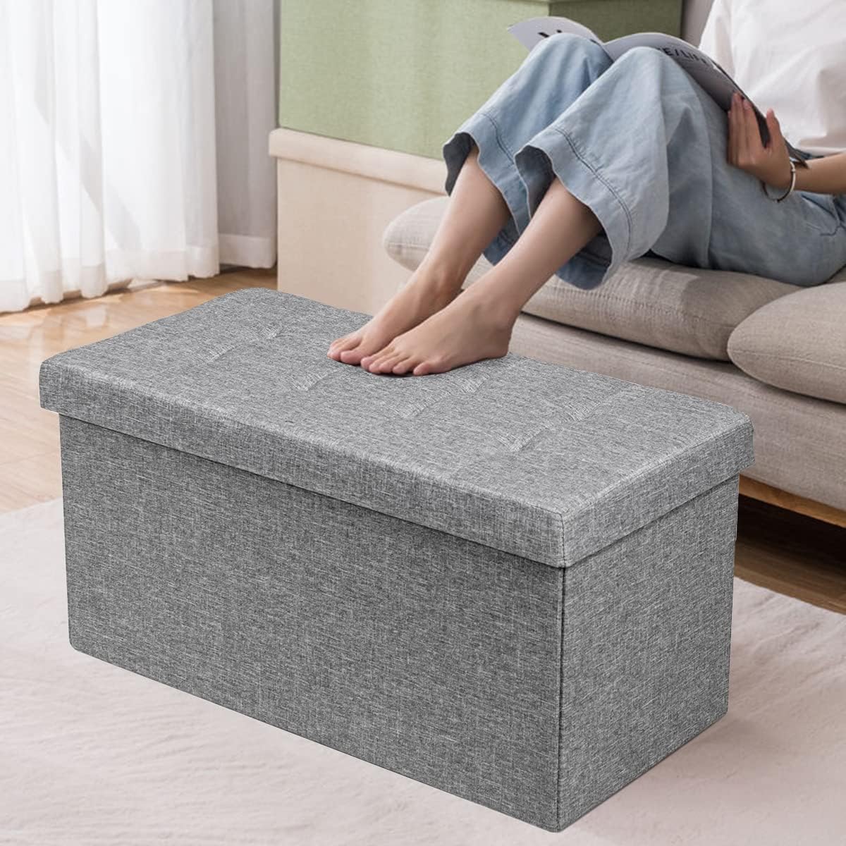 Ottomana Salvaspazio Pieghevole da 80 cm, Cassapanca per Giocattoli con Contenitore Rimovibile, Poggiapiedi con Sedile Imbottito per Soggiorno, Camera da Letto, Portata 160 kg (Grigio)