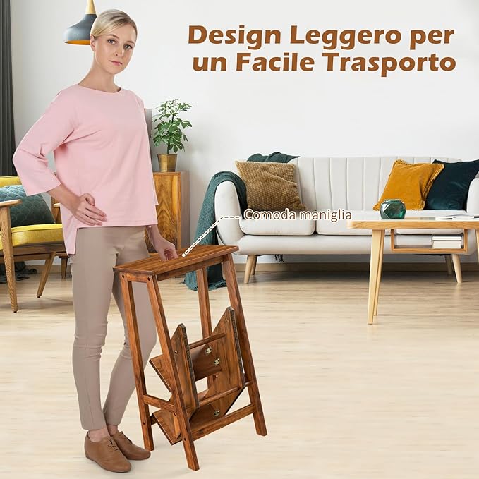 Scaletta Pieghevole, 3 in 1 Scaletta e Sgabello in Legno di Gomma Multifunzione, 3 Gradini, Reversibili Impugnatura, Capacità di Carico 310 kg, Ideale per Studio, Soggiorno (Caffè)