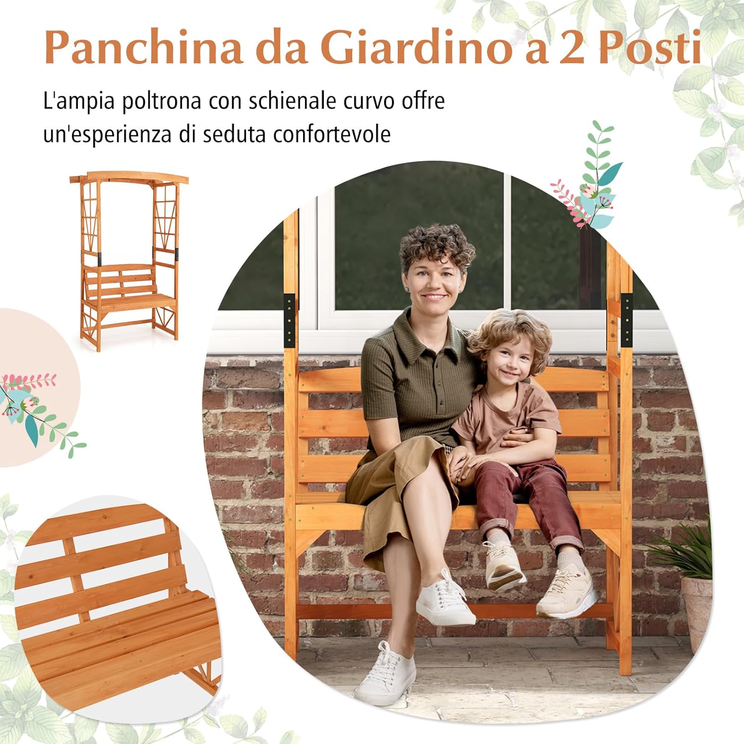 Panchina 2 Posti con Arco da Giardino per Rose e Rampicanti, Pengolato con Panchina in Legno di Abete, Graticcio per Piante da Esterno per Balcone, Cortile e Terrazzo (120 x 58 x 189 cm)