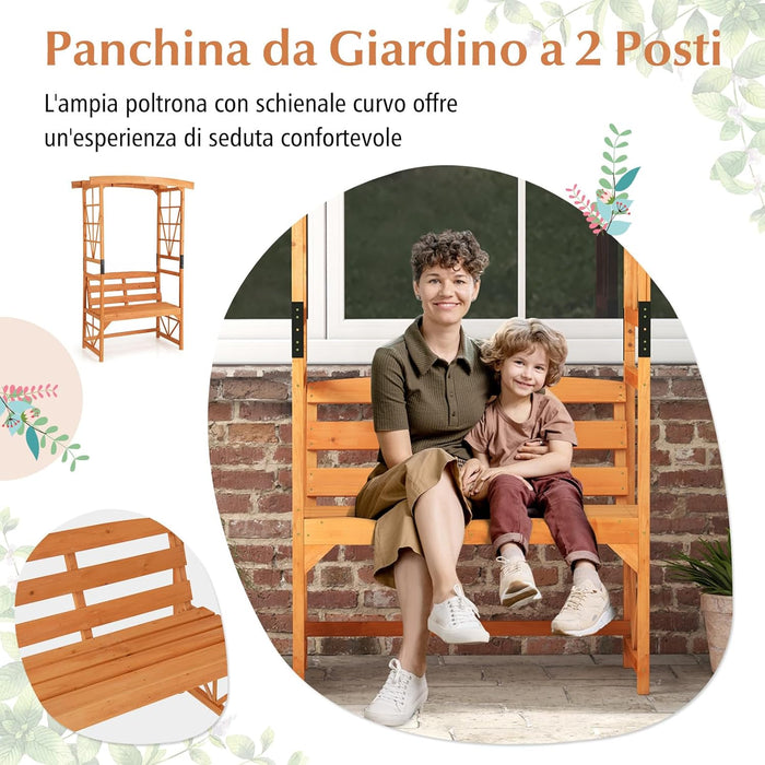 Panchina 2 Posti con Arco da Giardino per Rose e Rampicanti, Pengolato con Panchina in Legno di Abete, Graticcio per Piante da Esterno per Balcone, Cortile e Terrazzo (120 x 58 x 189 cm)