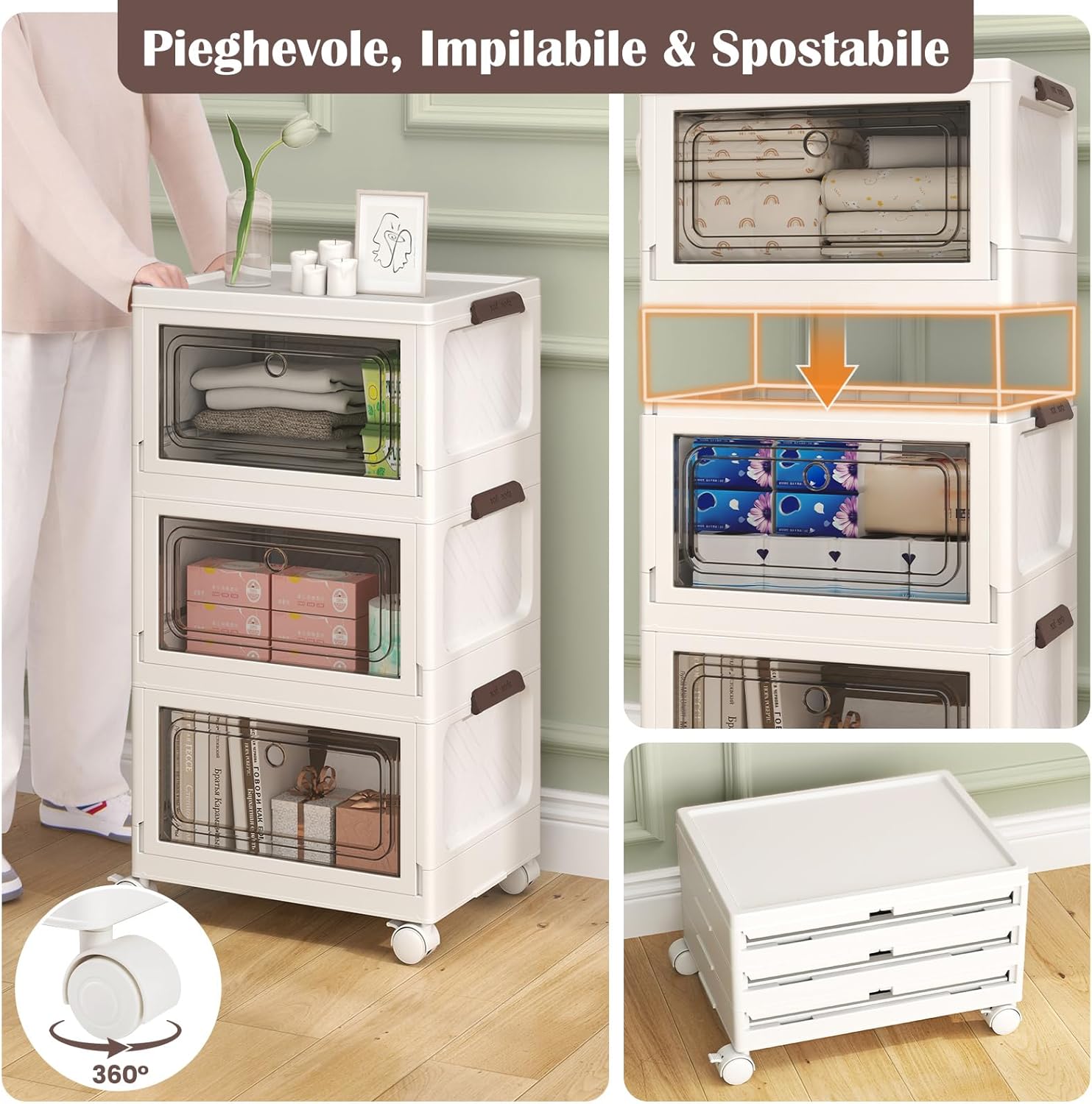 Set da 3 Contenitori Impilabili, Scatole Pieghevoli da 75/105 L con Ruote Bloccabili Porta e Coperchio, Organizzatori per Armadio, Multiuso per Casa Dormitorio (41 x 31,5 x 72,5 cm)