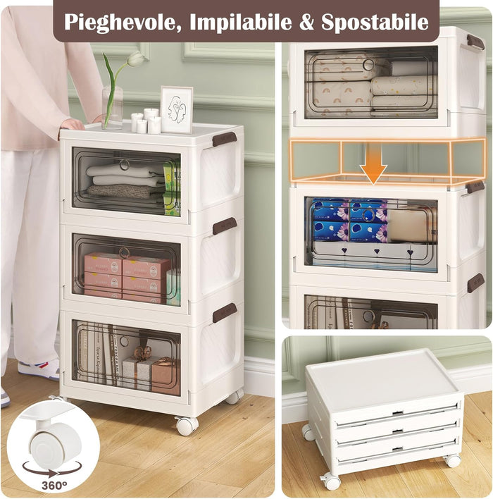 Set da 3 Contenitori Impilabili, Scatole Pieghevoli da 75/105 L con Ruote Bloccabili Porta e Coperchio, Organizzatori per Armadio, Multiuso per Casa Dormitorio (41 x 31,5 x 72,5 cm)