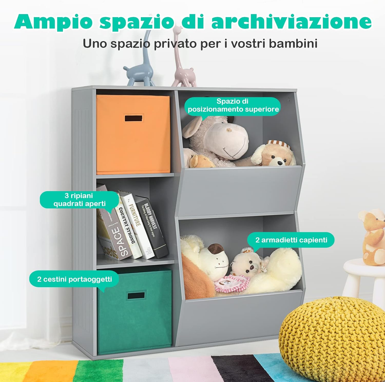 Armadietto Porta Giochi per Bambini, Organizer Giocattoli con 2 Cestini Extra, Libreria Multifunzionale per Libri Giocattoli Bambole, 76x28x94 cm, Grigio