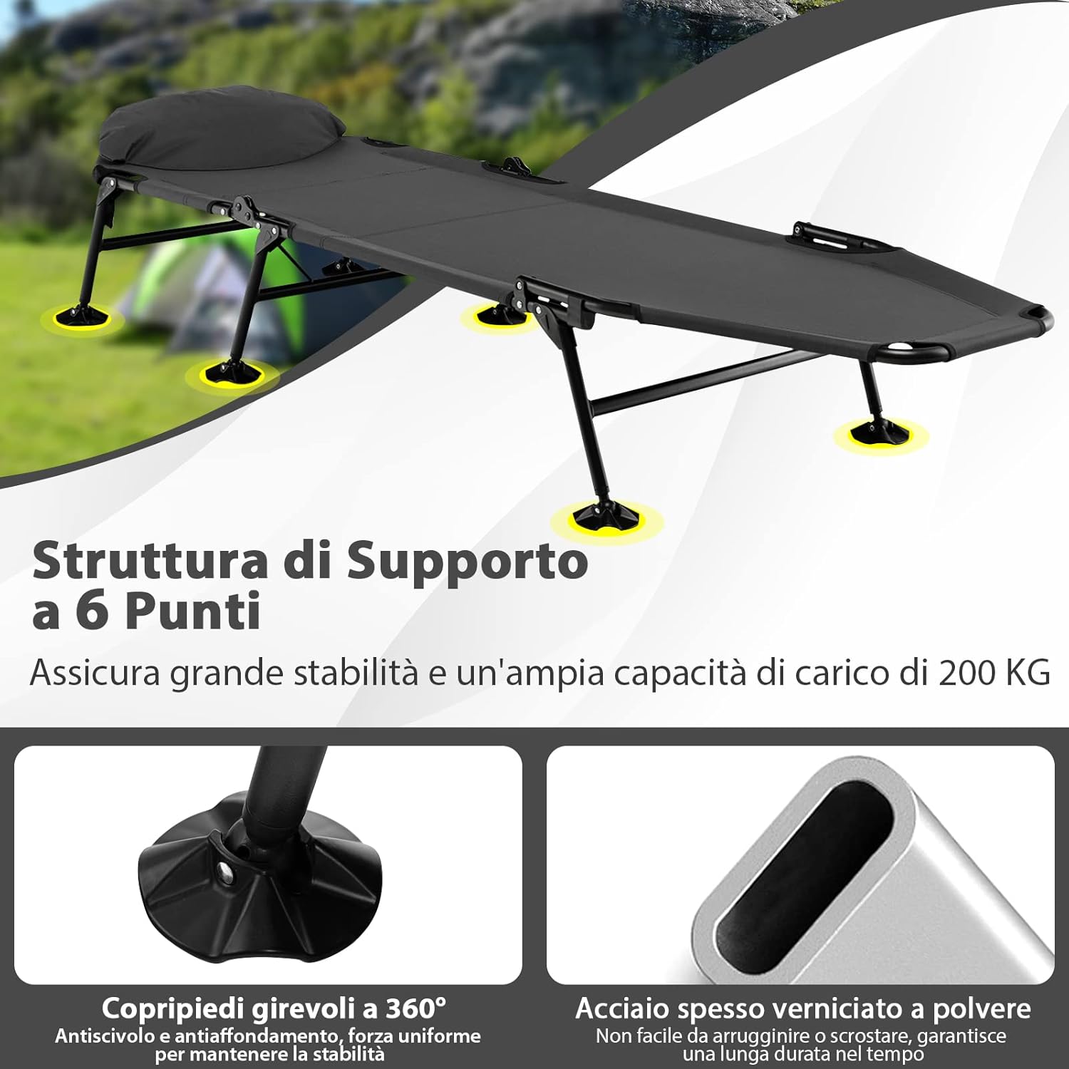Brandina da Campeggio Pieghevole con Materasso Rimovibile, Poggiatesta, Schienale Regolabile in 6 Posizioni e Copripiedi Girevole a 360°, per Campeggio, Ufficio e Ospiti (Grigio)