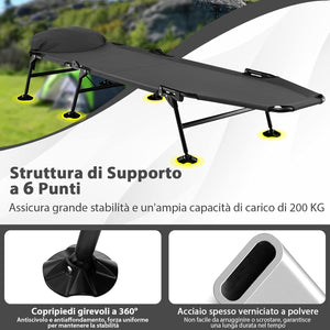 Brandina da Campeggio Pieghevole con Materasso Rimovibile, Poggiatesta, Schienale Regolabile in 6 Posizioni e Copripiedi Girevole a 360°, per Campeggio, Ufficio e Ospiti (Grigio)