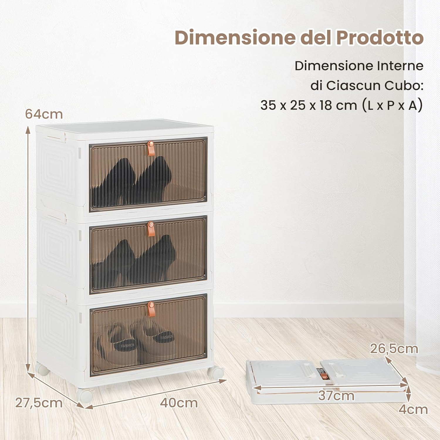 Scarpiera Pieghevole a 3/4/6 Piani, Mobile Multiuso Impilabile con Porte Trasparenti Magnetiche e Ruote Piroettanti Bloccabili, Contenitore con Coperchio per Cibi Giocattoli Abiti (3 Piani)