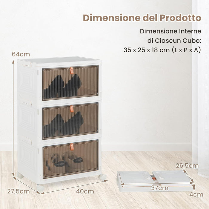 Scarpiera Pieghevole a 3/4/6 Piani, Mobile Multiuso Impilabile con Porte Trasparenti Magnetiche e Ruote Piroettanti Bloccabili, Contenitore con Coperchio per Cibi Giocattoli Abiti (3 Piani)