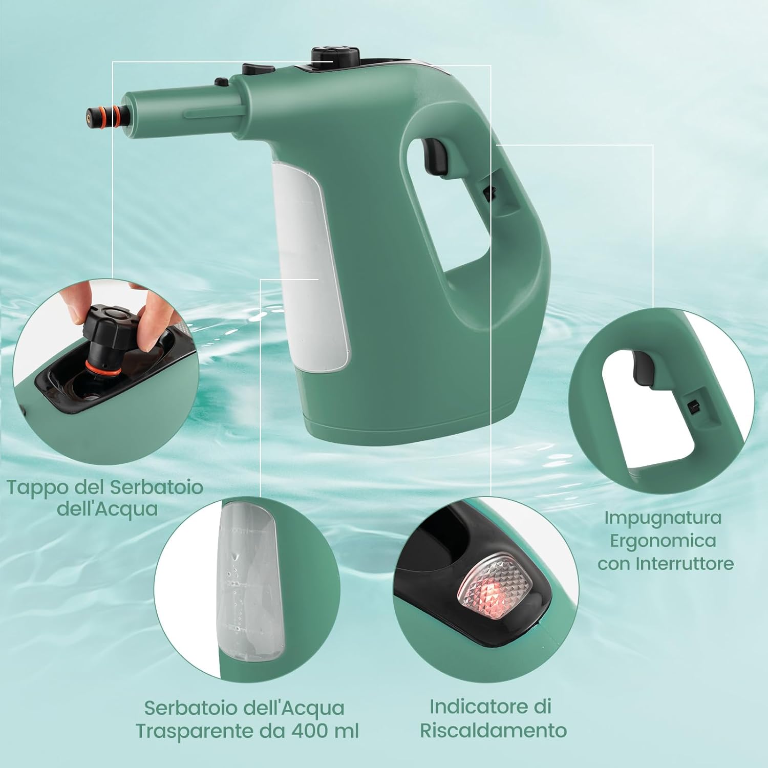 1500W Pulitore a Vapore Portatile, Macchina a Vapore con Serbatoio d'Acqua da 400 ml Blocco per Bambini e Kit di Accessori da 14 Pezzi, 33x13x24,5 cm (Verde)