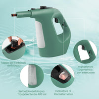 1500W Pulitore a Vapore Portatile, Macchina a Vapore con Serbatoio d'Acqua da 400 ml Blocco per Bambini e Kit di Accessori da 14 Pezzi, 33x13x24,5 cm (Verde)