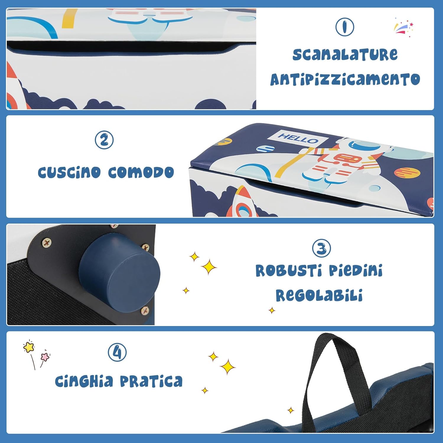 Cassapanca per Bambini in Legno, Panca 2 in 1 per Bambini con Coperchio Rimovibile, Organizer per Bambini per Soggiorno, Cameretta e Nido, 75 x 36 x 38 cm (Blu+Bianco)