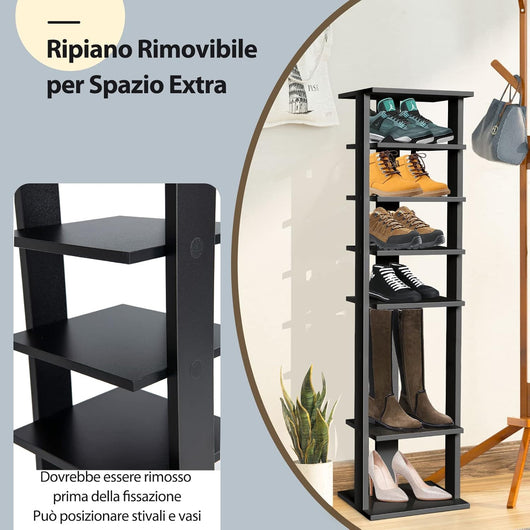 Scarpiera a 7 Ripiani, Scaffale Portascarpe in Legno con 2 Ripiani di Diverse Altezze, Scaffale Portaoggetti Multifunzione per Ingresso Soggiorno Camera da Letto, 28,5x25,5x110 cm (Nero)