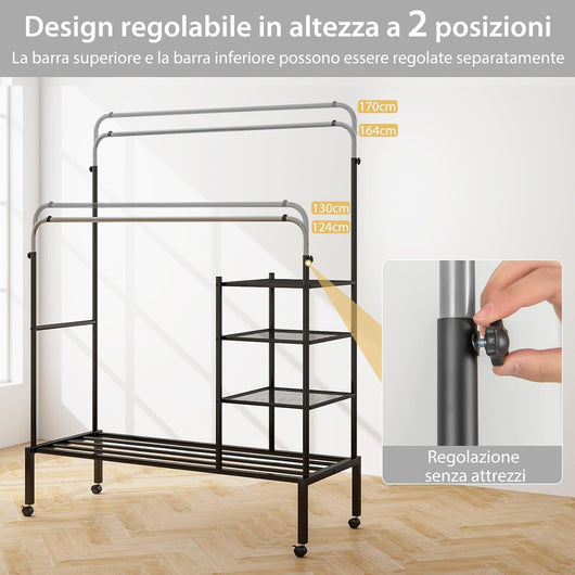 Stand Appendiabiti a Doppia Asta, con Barre Appendiabiti Regolabili in Altezza, Ripiani per Riporre e Ruote Bloccabili, Appendiabiti in Acciaio per Uso Interno ed Esterno(Nero+Argento)