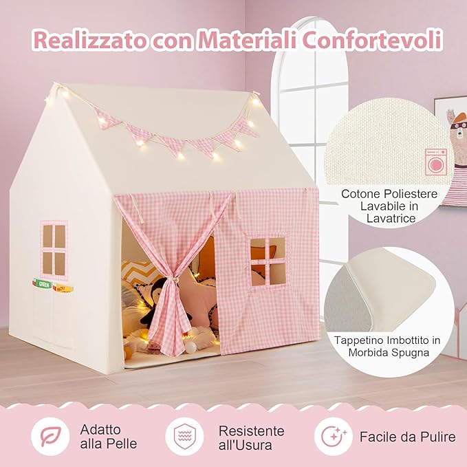 Tenda da Gioco per Bambini, Casetta Tenda da Gioco con Tappetino Imbottito, 2 Finestre Traspiranti e 2 Tasche, Luci a Stella e Bandierine Incluse, Tenda per Bambini 3-8 Anni (Rosa)