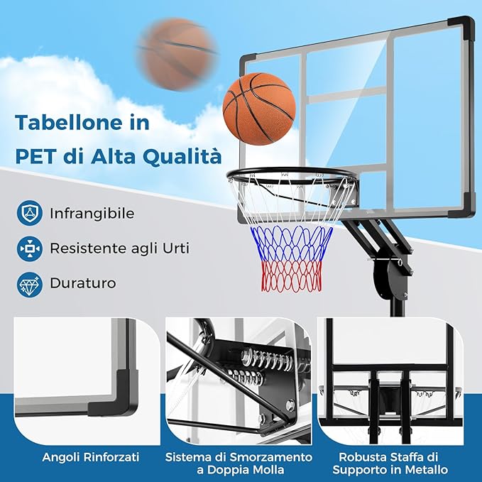 Canestro da Basket da Esterno per Adulti Professionale, Canestro da Basket Portatile e Regolabile 149-305 cm con Tabella Indistruttibile, 2 Ruote, Base Riempibile e Sacchetto di Pesi