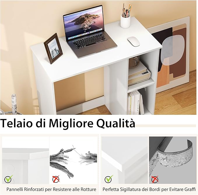 Scrivania per Computer in Legno, Scrivania con 2 Ripiani per Ambienti Piccoli, Scrivania Moderna e Salvaspazio da Casa e Ufficio, Bianco, 80 x 40 x 74 cm