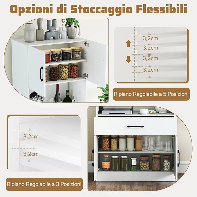 Credenza da Cucina Salvaspazio, Mobile Dispensa con Stazione di Ricarica, 4 Ante, 2 Ripiani Regolabili e 1 Cassetto, Armadio Alto per Soggiorno e Sala da Pranzo, 65 x 38 x 168 cm